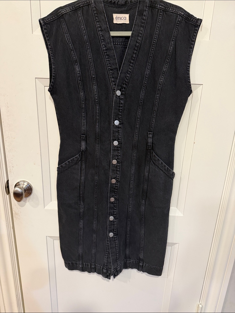Etica Black Sleeveless Button-Front Denim Mini Dress